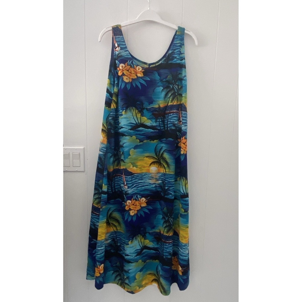 WAIKIKI HAWAII Vintage Tropical Sunset Maxi Dress Womens Large Made In Hawaii